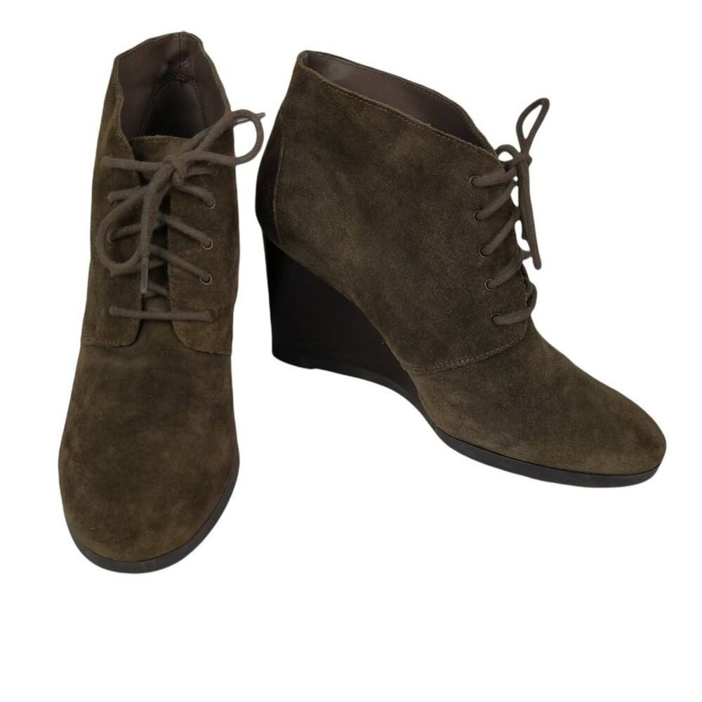 Franco Sarto Weston Ankle Booties Womens Sz 8.5 Brown Gray Suede‎ Lace Up Wedge